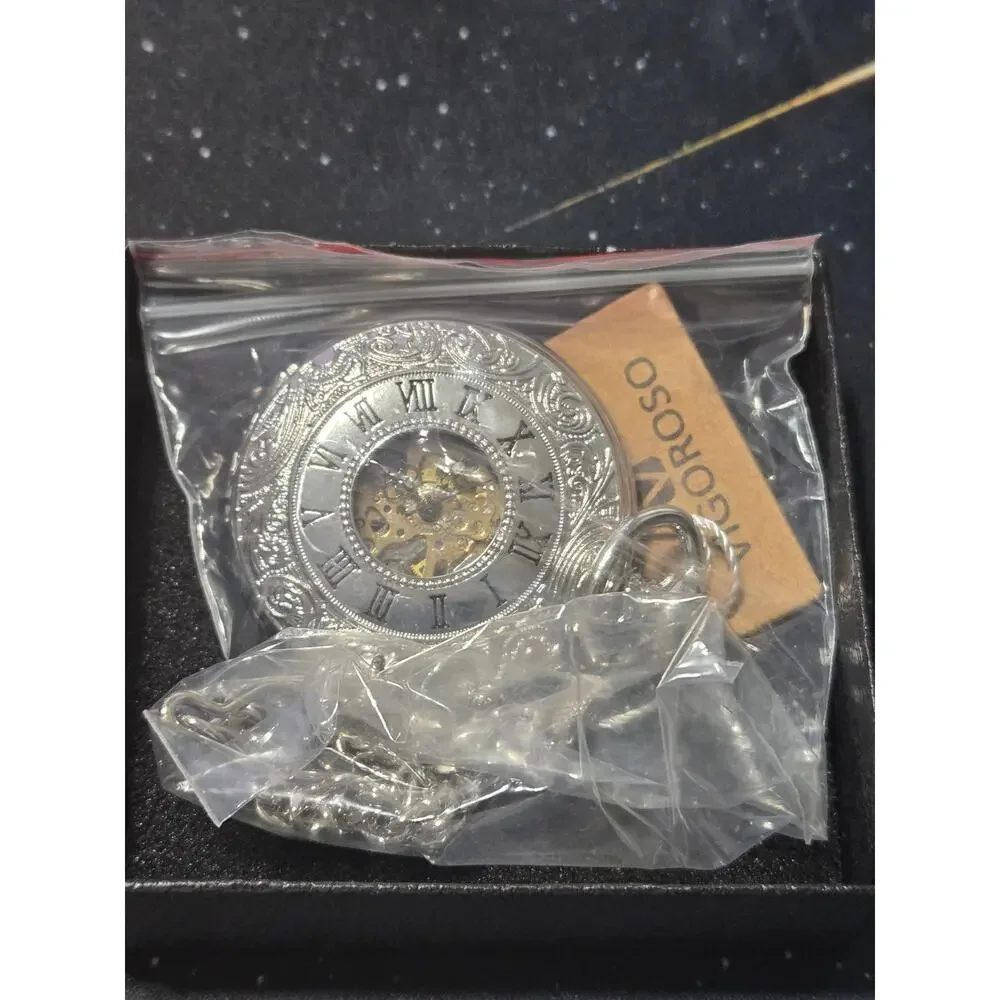 VIGOROSO Mechanical Skeleton Pocket Watch Silver Roman Numeral Chain New